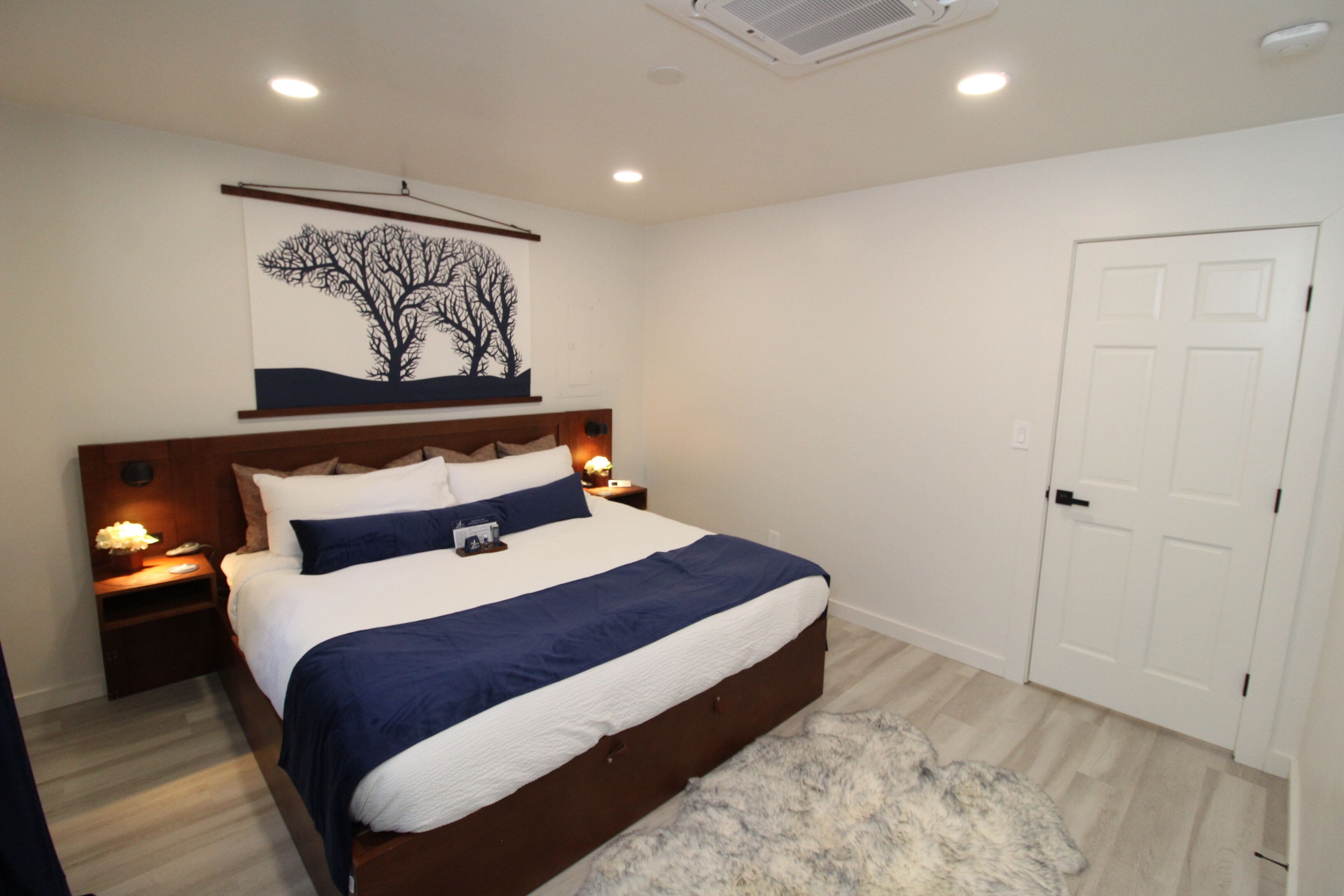A bedroom with a bed, nightstands, a wall-mounted artwork, and a door.
