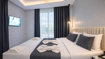 Premium bedding, minibar, desk, laptop workspace