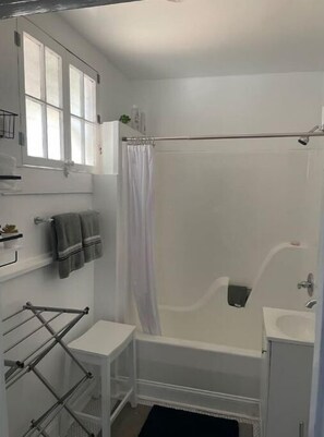 Hair dryer, towels, soap, toilet paper