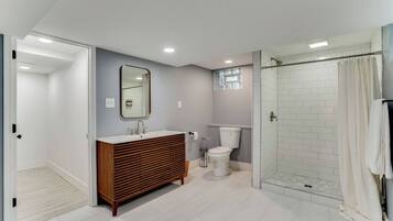 Hair dryer, towels, soap, toilet paper
