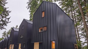 En række moderne bygninger i sort metal med trædøre og -vinduer, omgivet af træer.