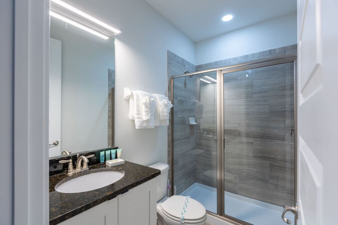 A modern bathroom with a glass-enclosed shower, a sink with a marble countertop, and a toilet.