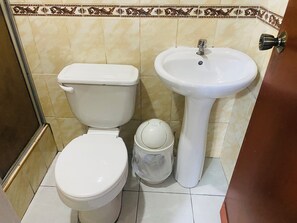 Shower, rainfall showerhead, towels, soap