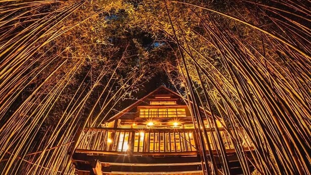 A wooden cabin with a balcony, surrounded by bamboo. - Alpaca Treehouse in the Bamboo Forest (Atlanta)