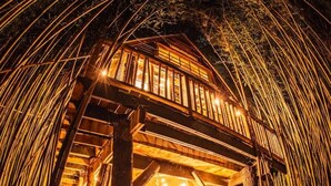 A wooden structure with a bed and a swing, surrounded by bamboo. - Alpaca Treehouse in the Bamboo Forest (Atlanta)