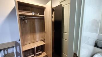 Hair dryer, bidet, towels, soap