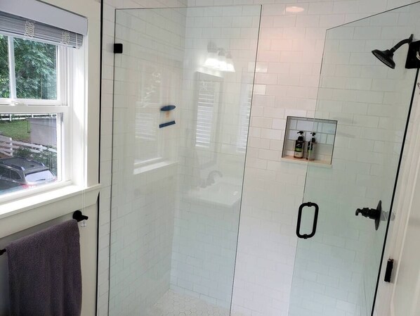 Hair dryer, towels, soap, shampoo