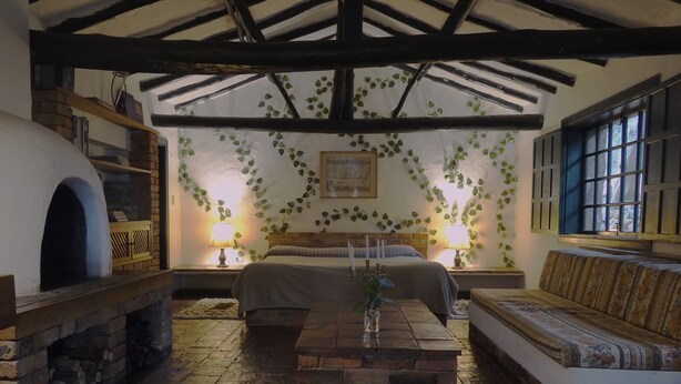 A cozy bedroom with a fireplace, a bed, a sofa, and a wall adorned with climbing plants. - Hacienda Suescun  (Tibasosa)