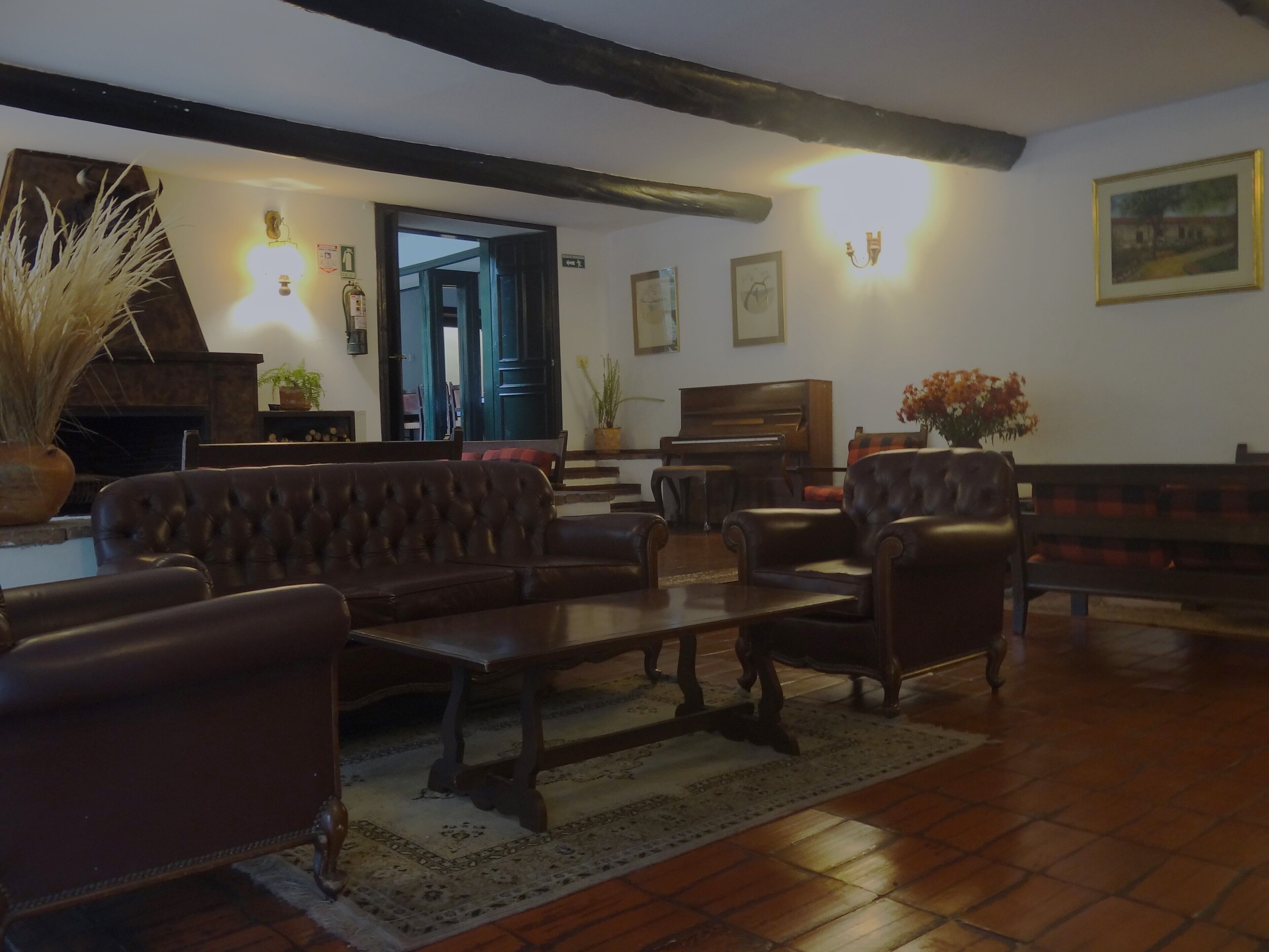 A cozy room with a fireplace, leather sofas, a piano, and a large plant.