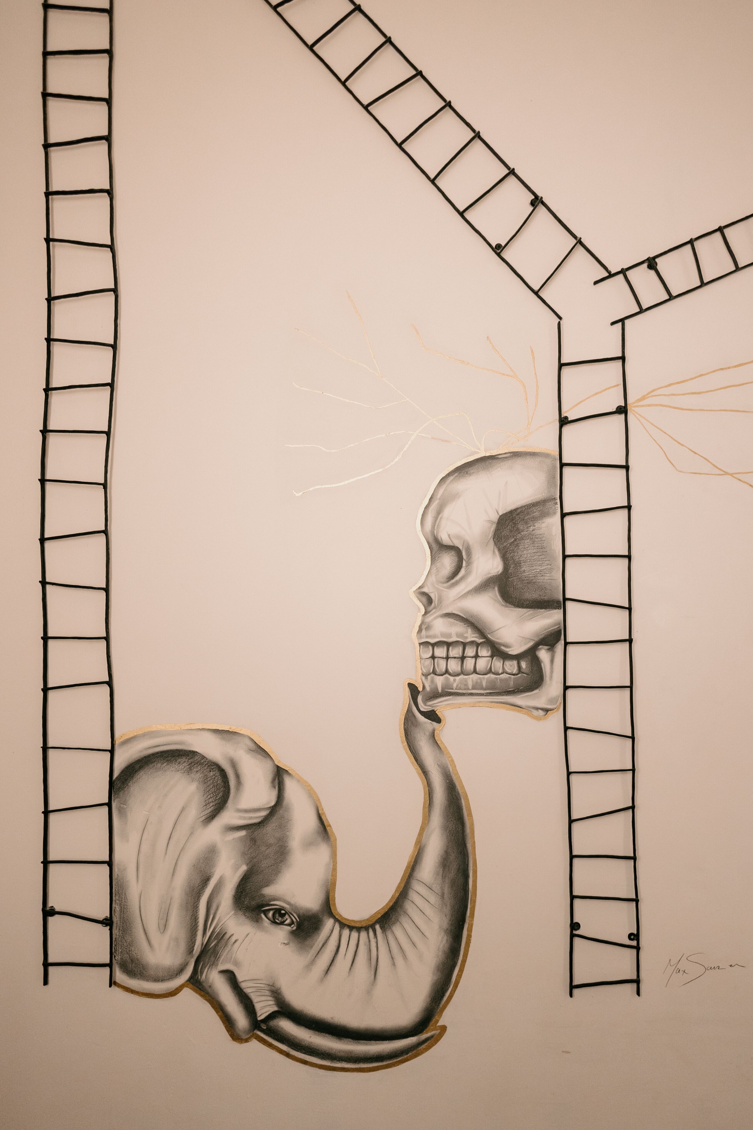 A drawing of a skull and an elephant's trunk against a wall with ladder-like structures.