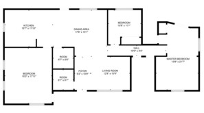 Ein Grundriss eines Hauses mit Küche, Essbereich, Schlafzimmer, zwei weiteren Schlafzimmern, Wohnzimmer, Eingangsbereich, Flur und Bad.