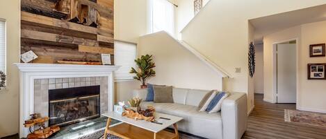 Smart TV, fireplace, books