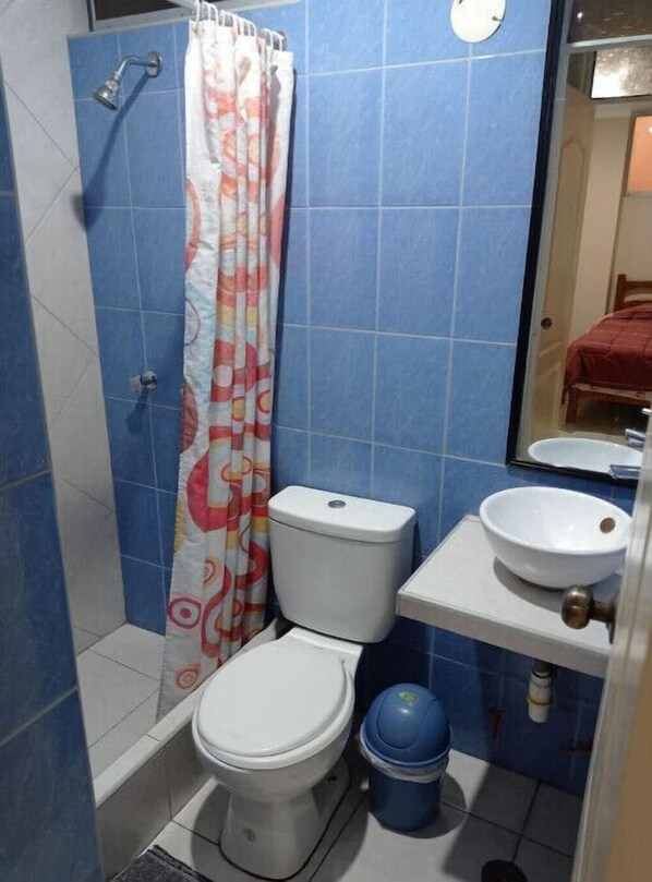Bathroom features a toilet, sink, and shower area with a patterned curtain.