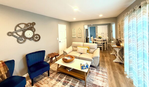 Smart TV, fireplace, books