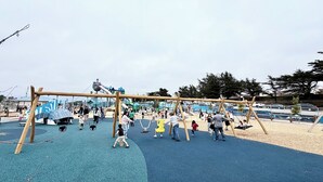 A playground with swings, a slide, and a climbing structure. - The Ultimate Gateway, near Monterey, Carmel, Pebble Beach, Big Sur- STR25-000022 (Marina)