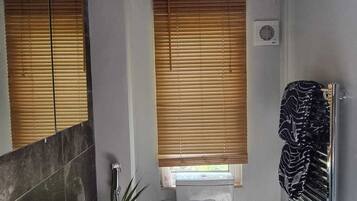 Shower, hair dryer, bidet, towels