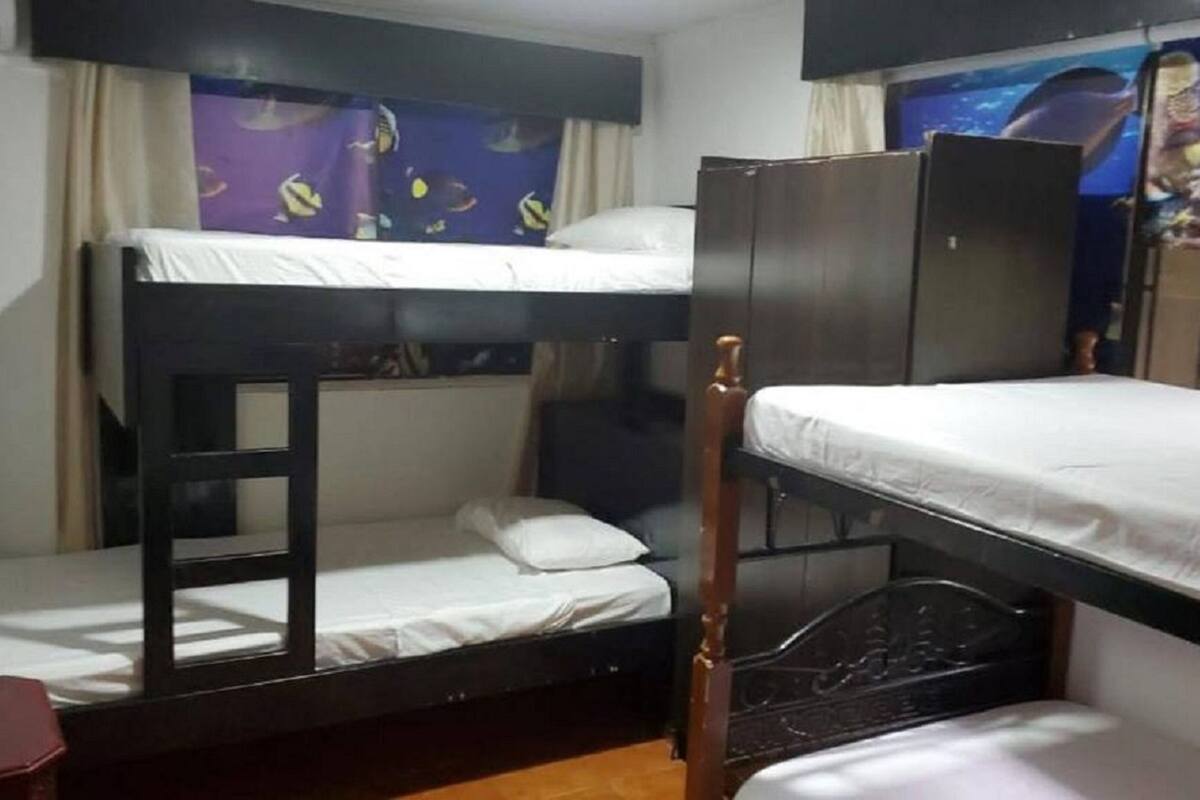 A bunk bed room with a small desk and a window with curtains.
