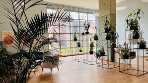 A spacious room with a wooden floor, large windows, and multiple black metal shelving units holding potted plants. - 26th Floor A/C, Pool & Coworking (Medellín)