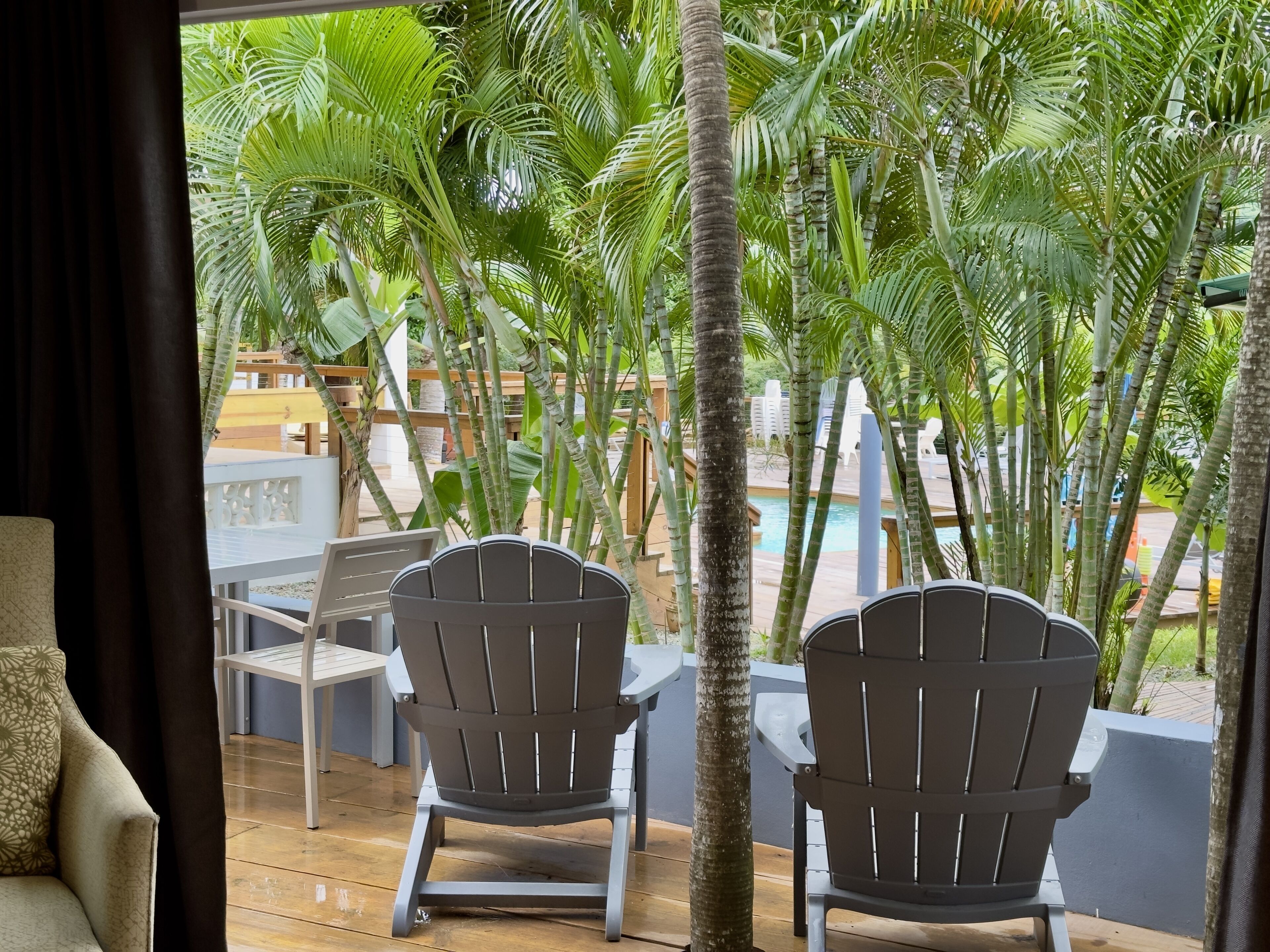 Habitación con dos sillas Adirondack mirando una piscina, rodeada de exuberante vegetación tropical.