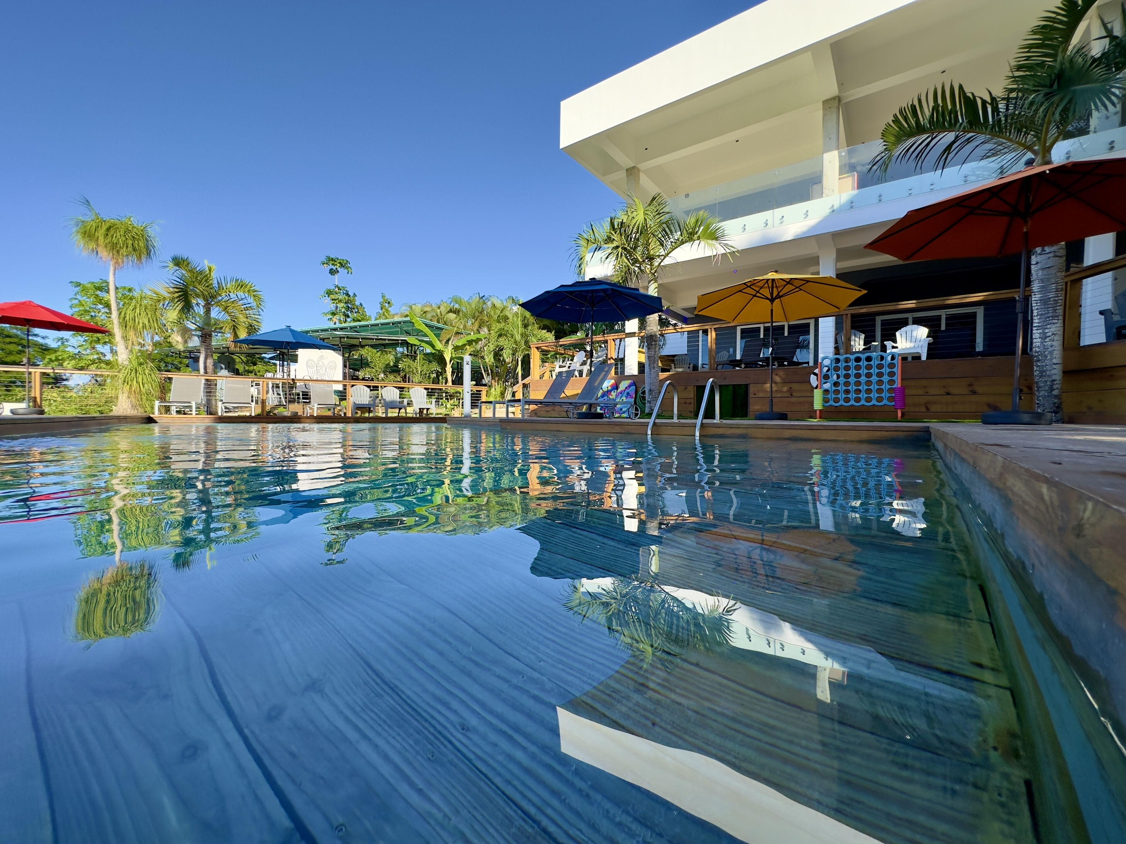 Outdoor pool, pool umbrellas, sun loungers