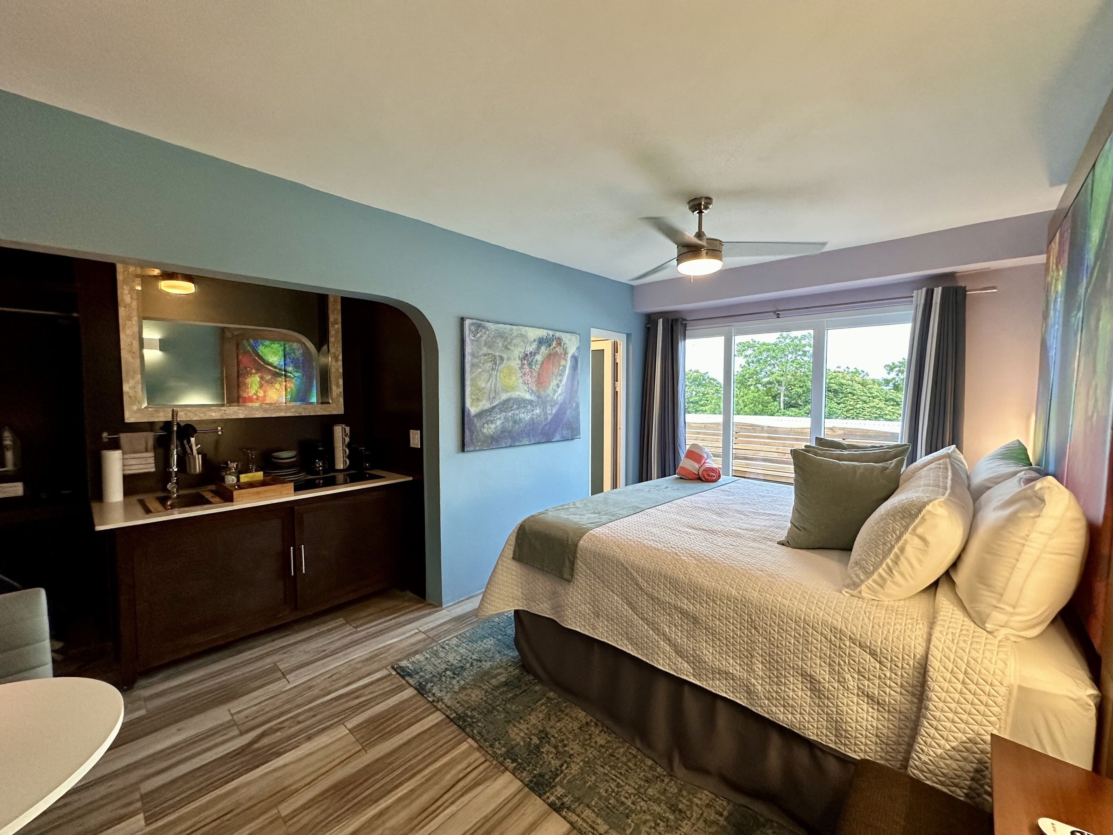 Ein Schlafzimmer mit einem Bett, einem Schreibtisch, einem Spiegel und einem Deckenventilator.