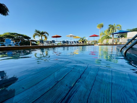 Outdoor pool, pool umbrellas, sun loungers