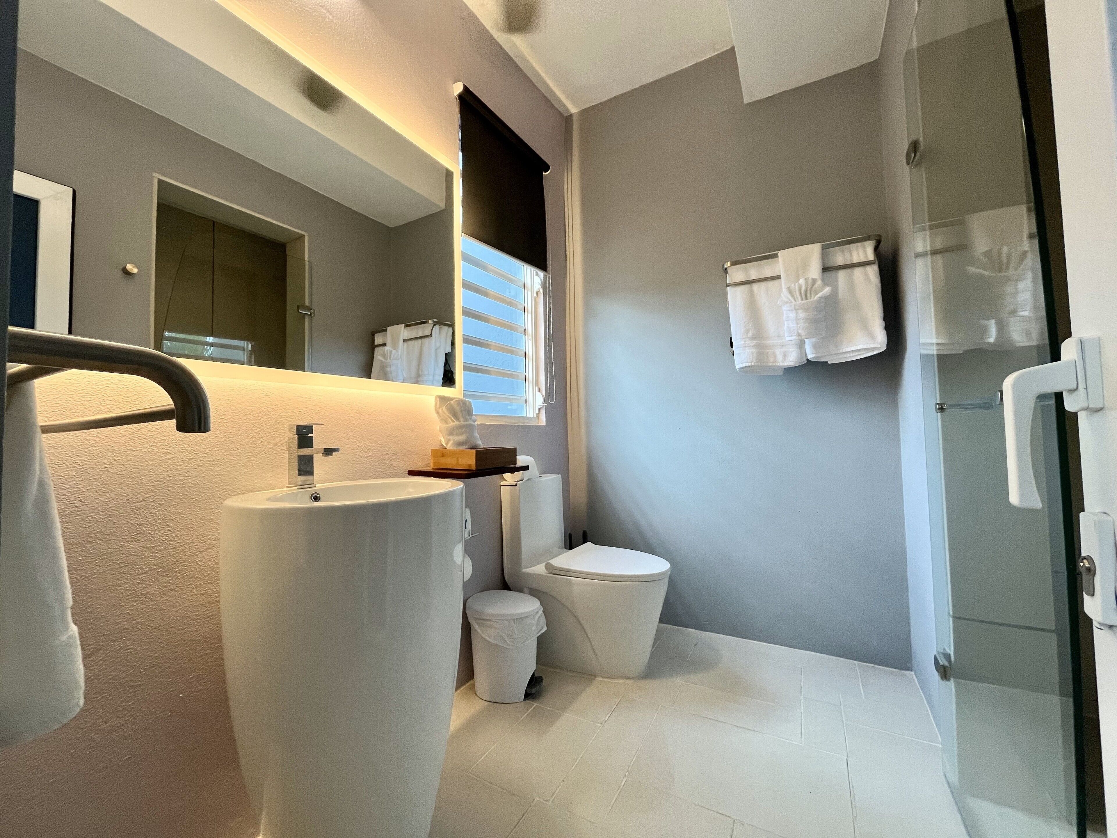 A modern bathroom with a large sink, toilet, and glass shower enclosure.