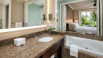 Jetted bath, hair dryer, towels, soap