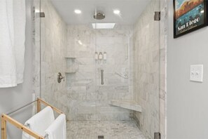 Hair dryer, towels, soap, shampoo