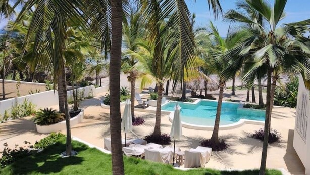 A pool area with palm trees, lounge chairs, and a white building.