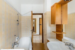 Bathtub, hair dryer, bidet, towels