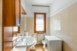 Bathtub, hair dryer, bidet, towels