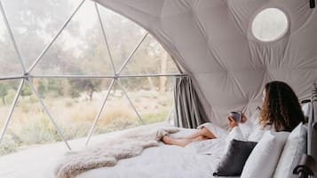 Interior acogedor de una cúpula geodésica con una cama, una manta de piel y vistas al exterior.