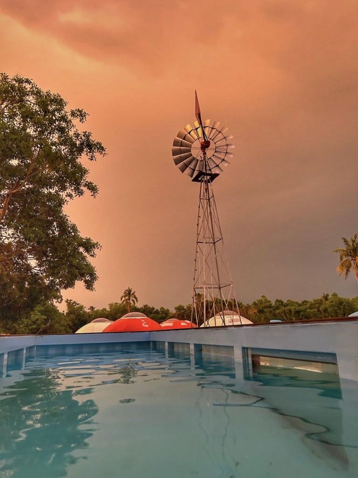 Un molino, una piscina y un edificio con techo rojo.