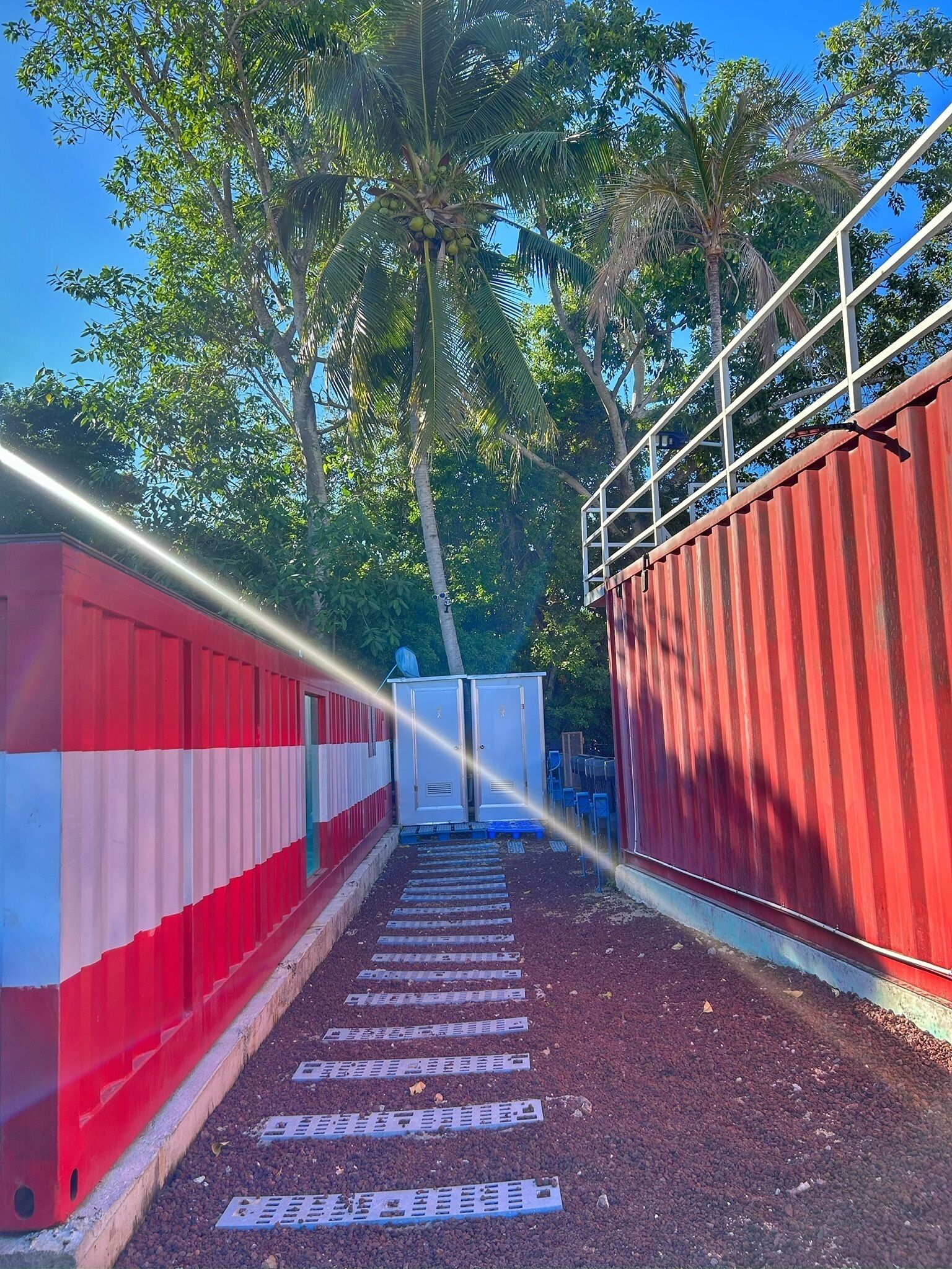 Um caminho que leva a um conjunto de banheiros químicos, cercado por barreiras vermelhas e brancas, com árvores ao fundo.