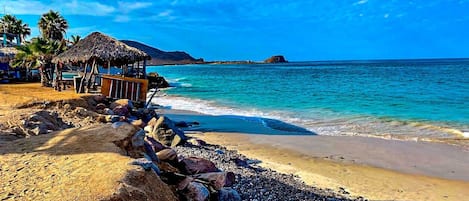 Plage à proximité, chaises longues, serviettes de plage