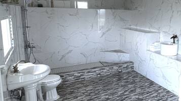 Hair dryer, towels, soap, toilet paper