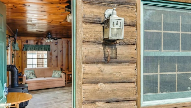 Interior acogedor de una cabaña con fachada de madera, una puerta verde, una ventana de diseño entramado y una pared de madera rústica.