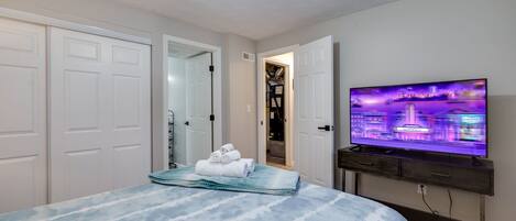 A bedroom with a bed, a TV, and a walk-in closet.