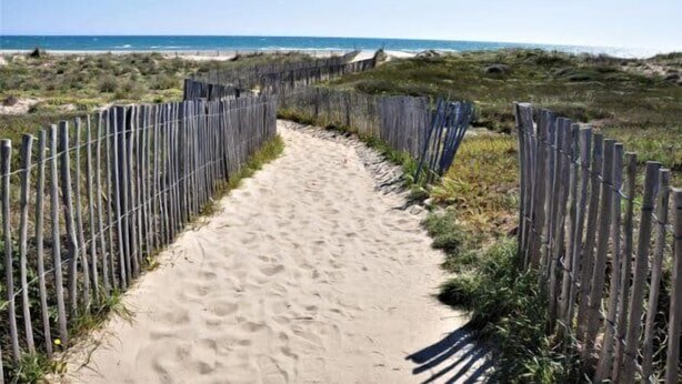 A sandy path bordered by wooden fences leading to a beach. - Appartement T2 vue Mer, Moderne, Clim 3 Etoiles Parking 4plmer53 (CANET PLAGE)