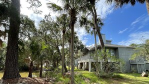 A house with a porch, surrounded by a variety of trees and a small pond. - Charming Beach House by Deer Lake Pool & Pond (Fripp Island)