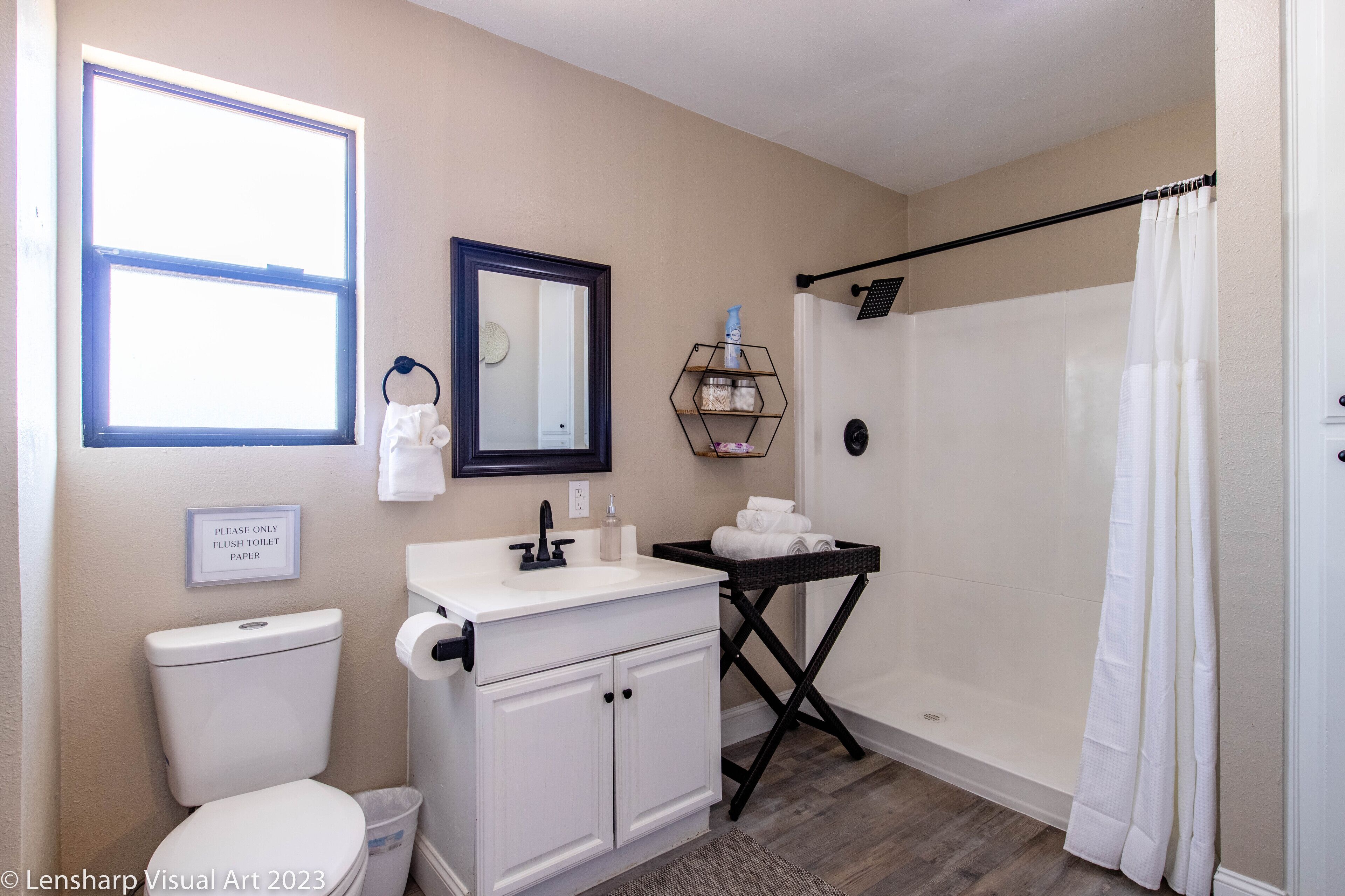 Hair dryer, towels, soap, shampoo