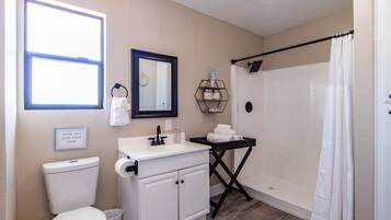 Hair dryer, towels, soap, shampoo
