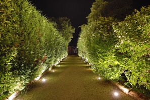 Un chemin bordé de haies régulièrement espacées et illuminées, qui mène à un bâtiment.