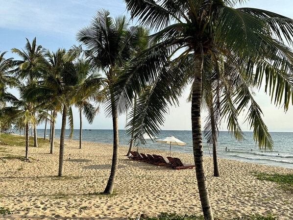A beach with palm trees, a sandy shore, and a row of sun loungers. - Beach villa 3BR private swimming pool (Phu Quoc)