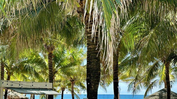A beachside café with a sign reading "M Villas PHU Quang" and a view of the ocean. - Beach villa 3BR private swimming pool (Phu Quoc)