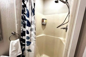 Douche, sèche-cheveux, serviettes fournies, shampoing