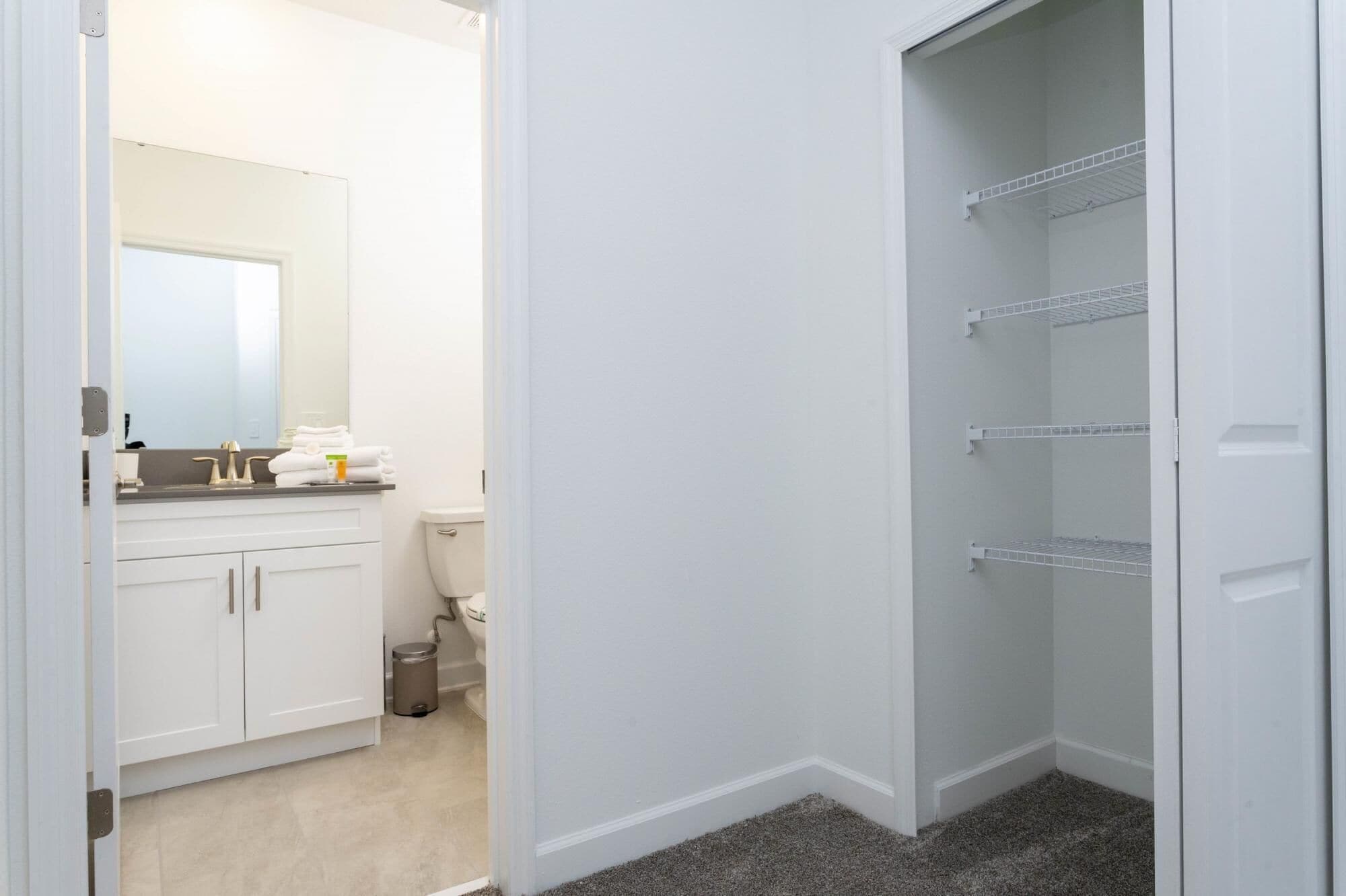 A white closet with metal shelves, a white door, and a beige carpet.