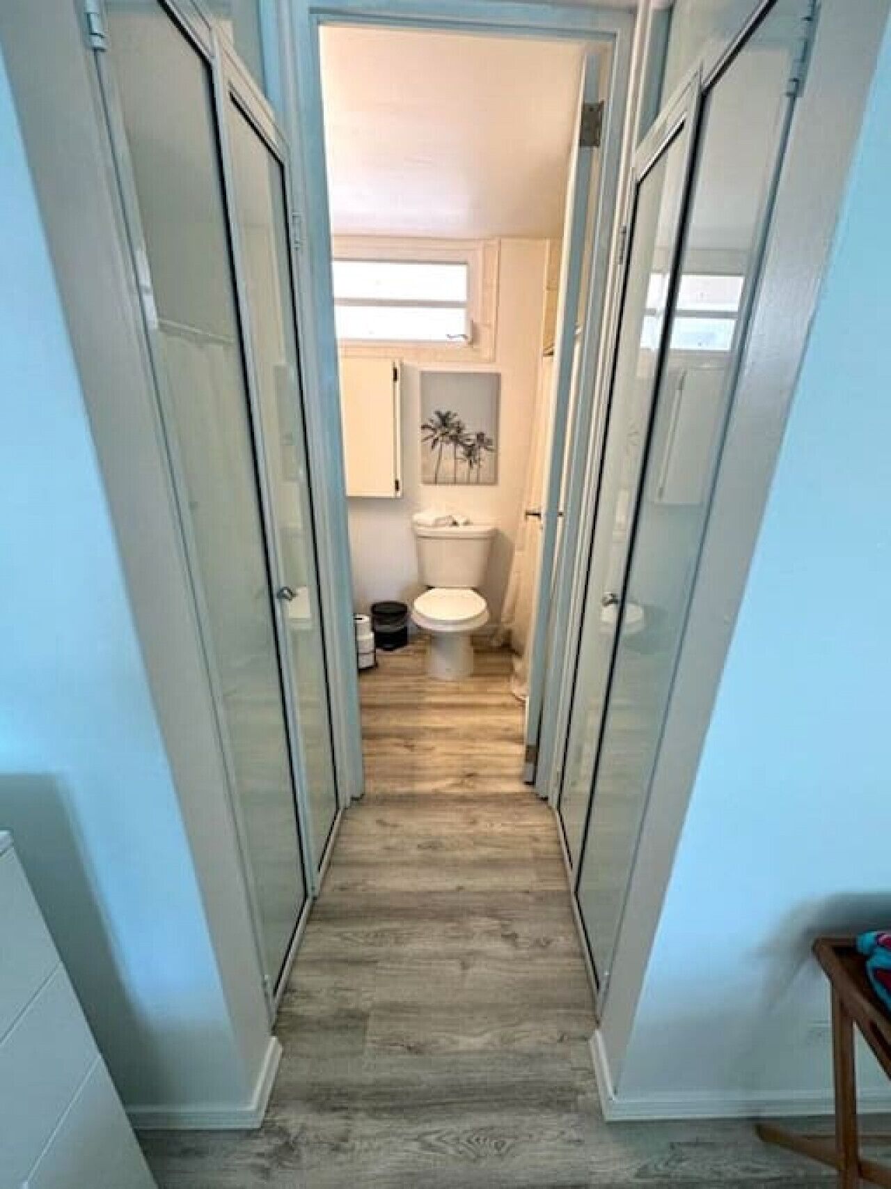 A narrow hallway leading to a bathroom with a toilet and a cabinet.