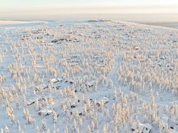 Un paisaje nevado con varias cabañas dispersas en un área boscosa.